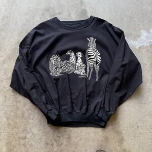 Vintage 80's Black White Zebras Dalmatians Dogs Thin Crewneck Sweatshirt Sz M